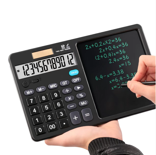 A combination of a handwritten blackboard and a calculator, with a 12-digit large screen for precise calculation. The erasable panel allows for real-time recording of calculations and to-do items. It features dual power supply modes for long-lasting battery life. It is ultra-thin and portable, suitable for students, offices, and households. Say goodbye to wasted paper and messy clutter, and achieve peak efficiency!