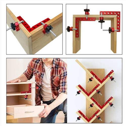 This woodworking clamping device is a great DIY helper for one person. The red aluminum L-shaped clamping board has markings and multiple holes to fit various sizes of workpieces. The knob can be tightened to lock the right angle firmly. It is suitable for storage boxes, shelves, photo frames, etc. The storage box can be returned to its original position without losing any parts, saving time and reducing waste. It enables you to easily complete neat work.