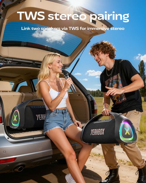 YEAHBOX Sonic Lion Bluetooth Speaker, 200W high power Berlin sound speaker, premium outdoor heavy bass portable audio. Built with high-quality sound unit, it delivers thick surging bass and pure transparent vocals with no distortion even at high volume. Fast Bluetooth connection and long-lasting battery life. Portable and sturdy design, perfect for outdoor parties, camping karaoke, home leisure and live performances with immersive sound atmosphere.
