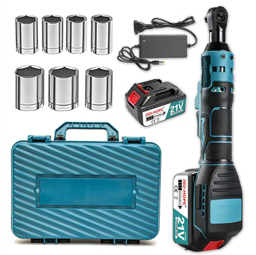This wireless lithium battery ratchet wrench features a 90-degree elbow design, making it suitable for operations in confined spaces. It supports forward and reverse rotation switching and can be paired with multiple-sized sockets for quick disassembly and assembly of bolts. The entire set includes a battery, charger, and tool storage box. The handle is anti-slip, making it suitable for auto repair and equipment maintenance. It avoids prolonged overload during the operation.