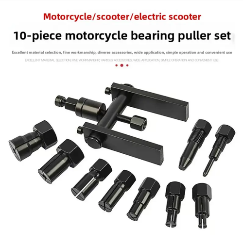 Motorcycle bearing set with 10 pieces, self-locking device, suitable for motorcycles, scooters and electric motorcycles. Includes multiple specifications of locking claws, top rods, and can precisely disassemble and assemble wheel hubs and engine bearings. Made of high-strength steel, it does not slip, and does not damage the parts even with forceful operation. Beginners can complete it in 10 minutes. Saves maintenance costs and time. Essential for motorcyclists and repair shops.
