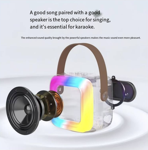 The integrated Bluetooth karaoke speaker, equipped with two wireless microphones, supports duet singing. It features noise reduction and directional microphone pickup, ensuring clear and distinct human voices. The stereo speaker units produce rich and full sound. The RGB color lights change the atmosphere in sync with the music. You can start karaoke anytime and anywhere, whether at home, while camping, or at a party.