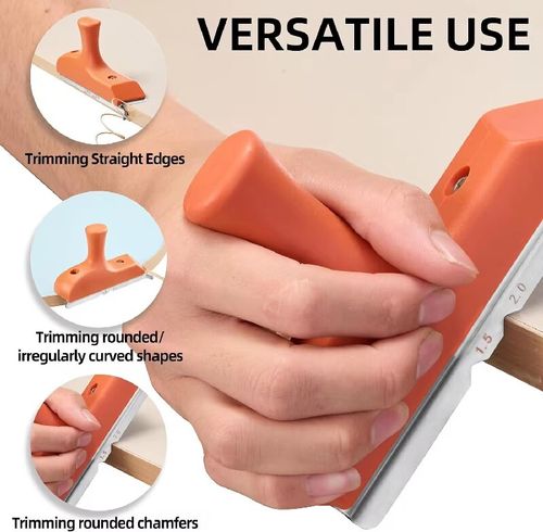 This ergonomic multi-functional edge trimming tool features an arc-shaped handle for easy operation and a smooth pull handle that is not tiring to use. It can precisely trim straight and curved edges, and is compatible with various materials such as wood, ABS, and PVC. It can also perform multi-functional processing such as inclined surfaces and irregular edges. It is an excellent tool for woodworking, decoration, and artistic creation.