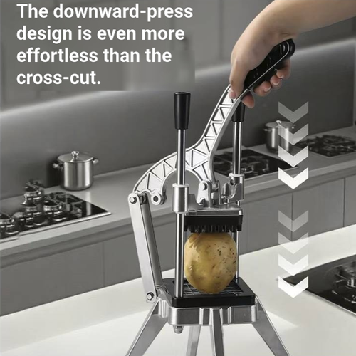Vertical manual slicing and dicing machine, equipped with four different-sized knife grids, capable of performing slicing, dicing and dividing into segments, suitable for fruits and vegetables such as potatoes, carrots and cucumbers. The bottom has a non-slip foot pad, ensuring stable placement. The knife grids can be disassembled for cleaning, making cleaning convenient. Suitable for home kitchens and snack stalls. After use, wipe dry and store.