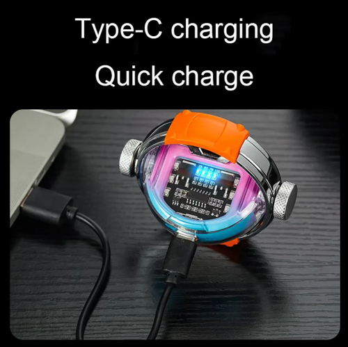 This mech gyro electric arc lighter is extremely futuristic in design. Its dual arc technology ensures stable ignition and is resistant to wind. Simply rotate it and the LED lights will flash, providing both entertainment and stress relief. It supports Type-C fast charging, has strong battery life, and also has COB lighting function. Whether for daily use or outdoor exploration, it is your must-have fashion accessory!