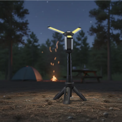 This stretchable COB work light features high-brightness COB lamp beads with a wide floodlight without blind spots. The three lamp heads can open and close at 90°, and the extendable tripod allows for free height adjustment. It supports multi-level dimming, fast charging and long battery life. It also has magnetic attraction and power bank functions, is durable and robust, making it an all-round lighting wonder for outdoor camping, engineering work and emergency lighting.