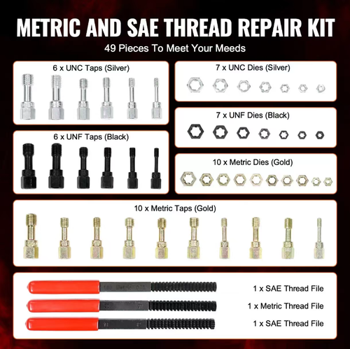 This set of thread repair tool kit is stored in a hard tool box and includes various specifications of accessories such as taps, die sets, and wrenches. It can be used to smooth out rust, burrs, and minor damages on both the inner and outer threads, restoring the engagement of screws and nuts. It is suitable for automotive repair and hardware maintenance. The operation requires applying force evenly. After use, clean up properly and store it in a safe place.