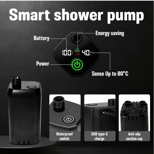 Portable outdoor shower unit: 6.6-gallon folding bucket + 1500W rapid heating + intelligent pump, precise temperature control. 6000mAh long-lasting battery life, IPX7 waterproof and anti-slip, four shower modes, hose suction cup holder for flexible installation. Foldable for easy storage, suitable for all outdoor activities including camping and driving. Easily bring a comfortable bathroom to the outdoors.