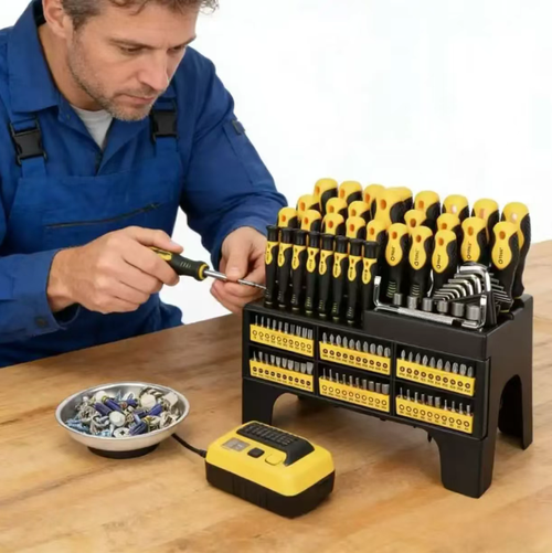 131 sets of industrial-grade magnetic screwdrivers, covering all specifications of bits for all screw operations. Strong magnetic attraction without slipping. Made of chrome-vanadium steel, it is durable and sturdy. The anti-slip handle is comfortable and effortless to use. The desktop storage rack keeps everything neatly organized. It is an all-purpose maintenance tool set for household use, auto repair, and digital disassembly.