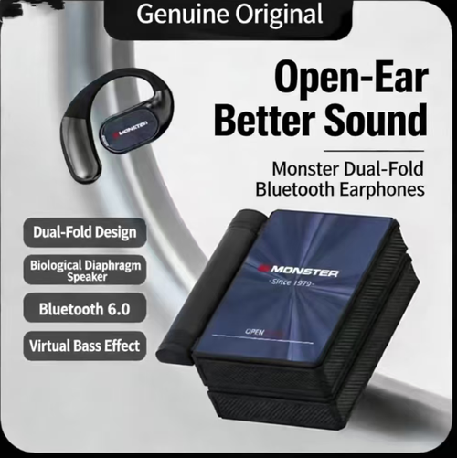 Monster's dual-fold Bluetooth headphones offer excellent performance. The over-ear design ensures a secure fit without causing ear discomfort. The biologic diaphragm and virtual bass provide powerful sound quality.  The dual-fold compartment is thin enough to fit in a wallet, making it convenient for carrying during exercise, commuting, or office use. The open listening mode allows for both music enjoyment and ambient sound, making it both practical and comfortable.
