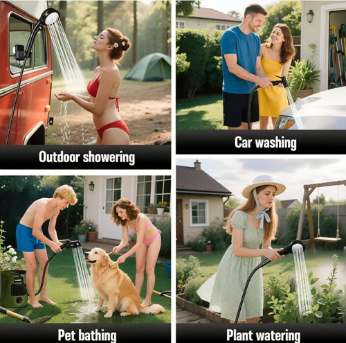 Portable outdoor shower unit: 6.6-gallon folding bucket + 1500W rapid heating + intelligent pump, precise temperature control. 6000mAh long-lasting battery life, IPX7 waterproof and anti-slip, four shower modes, hose suction cup holder for flexible installation. Foldable for easy storage, suitable for all outdoor activities including camping and driving. Easily bring a comfortable bathroom to the outdoors.