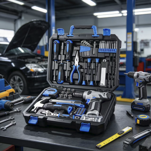 This 128-piece household tool set comes with a rechargeable electric drill and a variety of manual repair tools, including hammers, tape measures, wrenches, socket bits, and other accessories. It is stored in a hard carrying case, with neatly arranged compartments for easy portability. It is suitable for home repair scenarios such as furniture assembly, wall drilling, and door and window maintenance.