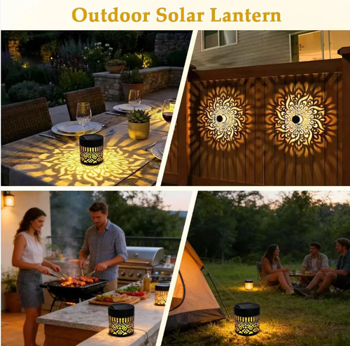 A hollow-decorated solar courtyard lamp. During the day, it automatically charges the battery using solar energy. When it gets dark, it lights up automatically. The metal waterproof body is resistant to weathering in outdoor environments. The light projects exquisite patterns of light and shadow. It can be hung on the wall or placed on the lawn, garden terrace, or path. It is energy-efficient and does not require wiring. It combines both lighting and decorative effects.
