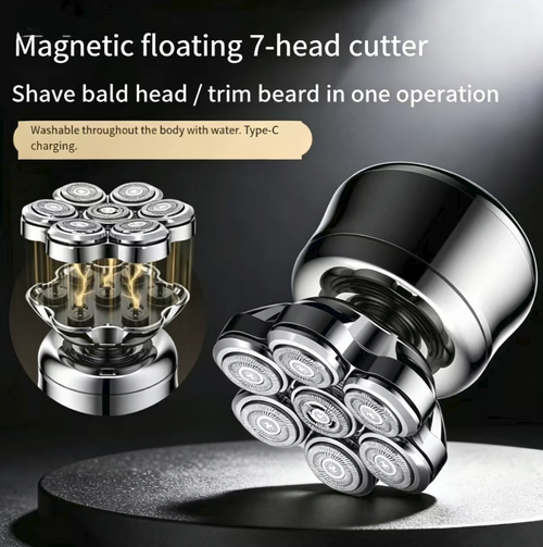 The German air-blade multi-functional shaving head razor features a seven-blade floating design that eliminates any blind spots and ensures a thorough clean shave. The diamond-grade blades are sharp and durable. It is rechargeable with long battery life. It can be washed on both dry and wet surfaces and is multi-functional, allowing for easy creation of a clean-shaven look. It is a practical helper for men when styling their hair.