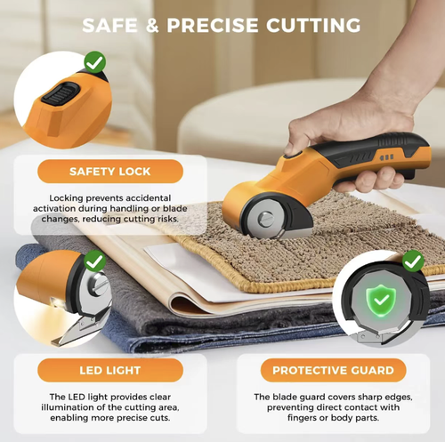 Lithium battery circular knife electric scissors, with cordless design, they are portable and easy to hold. The circular knife can quickly cut fabrics, leather and carpets. The cutting is smooth without any jamming, and the edges are flat without any burrs. It is equipped with a safety lock design, making it easy for beginners to use. It is an efficient tool for sewing DIY and home renovation. It is a practical tool for craft enthusiasts.