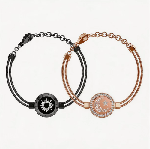 The Sun-Moon Couple intelligent sensor bracelet features a black-gold sun design and a rose-gold star-moon design in pairs. When touched, it triggers a flashing vibration response, conveying thoughts that transcend distances. The textured metal bracelet is versatile and durable, making it a romantic token for distant lovers to interact and for expressing feelings on Valentine's Day. It witnesses every bit of care and commitment in a relationship.