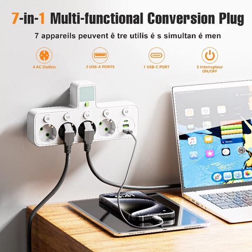 Once you place the order, you will receive 2 intelligent charging safety and convenient device sockets with 4 independent control AC sockets, 2 USB-A fast charging interfaces, and 1 Type-C charging interface. The casing has a flame-retardant and high-temperature-resistant performance of 750℃, and supports 5000 plug-and-unplug durability. It is suitable for various scenarios such as travel, home use, and office, and can power 7 devices simultaneously - truly a charging powerhouse.