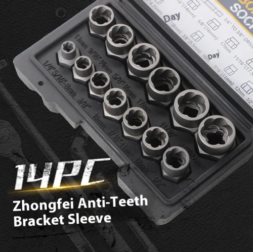 This 14-piece nut removal tool is made of CR-MO chromium-molybdenum steel that has been heat-treated at high temperatures. Its spiral reverse-teeth design makes it easy to remove slotted and rusted-in screws. It comes in 14 common sizes and is equipped with a storage box. It is an incredible tool for automotive repair and home maintenance to tackle stubborn fasteners!