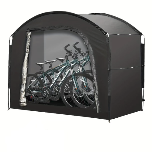 Outdoor folding bicycle tent, 210D Oxford fabric, can provide shade, rain protection and dust prevention. It can be used for parking the bicycle or for camping and picnics. Fiberglass frame, easy to set up, small storage volume, equipped with a storage bag and ground pegs. Suitable for short-distance cycling and camping. Do not use in bad weather. Provides basic shade and dust protection for the bicycle and personal belongings.