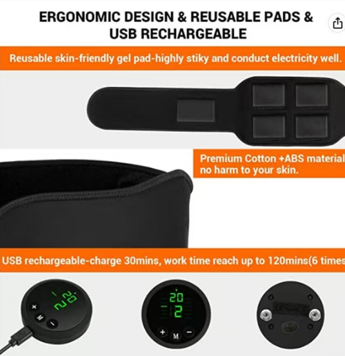 Intelligent EMS fitness belt set, elastic adjustable belt, digital display screen with multiple adjustment levels, USB charging. The set comes with charging cables, spray bottles and other accessories. The fabric is soft and comfortable, providing electrical pulse to assist muscle movement. Suitable for fragmented home workouts. It is only for fitness assistance. It is recommended to start from the lower gear for the first use.