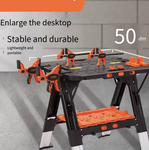 Multi-functional folding woodworking workbench, which can be folded and raised without occupying space. It has strong clamping function and can fix the workpiece without slipping. The workbench surface is equipped with a scale ruler and positioning holes. Below it is a tool storage tray. It is portable and easy to move. It makes manual creation and maintenance work more efficient and worry-free. It is an ideal tool for DIY enthusiasts and maintenance technicians.
