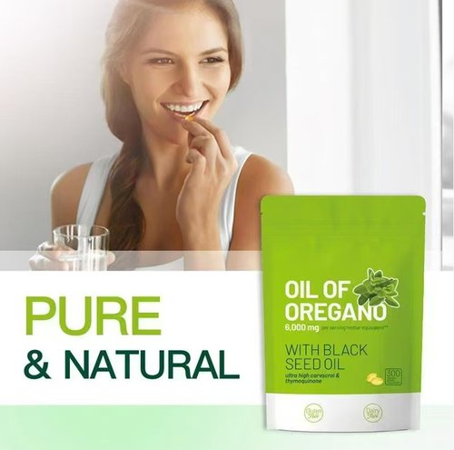 The oregano oil capsules for treating herpes, a blend of oregano oil and black seed oil, is gluten-free and soy-free. It is easy to swallow and has no unpleasant taste. Take 2 capsules per day. Today's order arrived with 2 bags totaling 600 capsules, enough to stock up for the entire year. It is a natural and gentle care product, suitable for daily use  business trips, and is friendly to sensitive and weak skin.