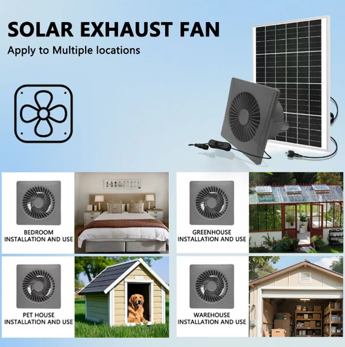 25W solar-powered 8-inch exhaust fan, 12V low-voltage plug-free operation, quiet and high-volume exhaust. Comes with a long-line solar panel with a switch, which can ventilate independently on sunny and cloudy days, preventing moisture and odor. Suitable for greenhouses, pet enclosures, storage attics, etc. Outdoor waterproof and sun-resistant, no wiring required, zero electricity cost for all-day fresh air circulation.