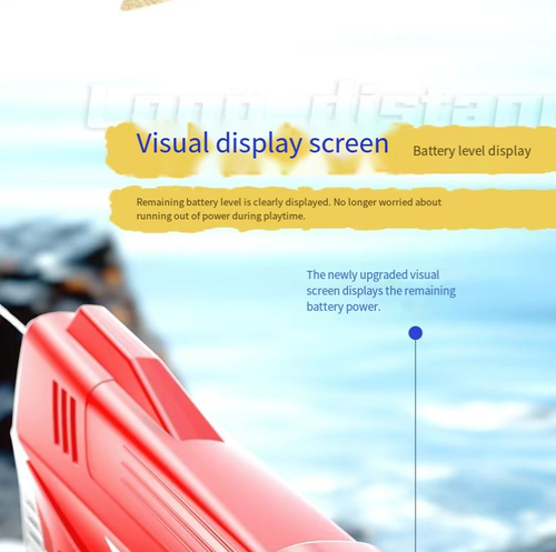 The high-definition digital display screen shows real-time information about the battery and water levels, eliminating the worry of battery life. The electric continuous spray can project high-pressure water jets with a long range and great ease, and it automatically absorbs water in 10 seconds to quickly replenish. The USB can quickly charge the battery for 30 minutes, suitable for both parent-child interaction and friends' battles, unlocking the cool and joyful experience in summer.