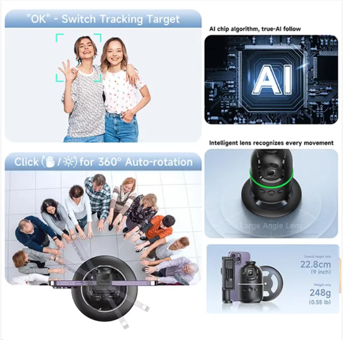 This P03 AI follow-shot gimbal: 360° intelligent follow-shot + gesture control. No need for an app - it can be used directly out of the box. Switch between horizontal and vertical shooting with one click. It has a detachable stand. You can switch between various shooting scenarios at will. The body is the size of a palm and can fit into a backpack without taking up space. Even a single person can achieve professional-level camera movement effects.