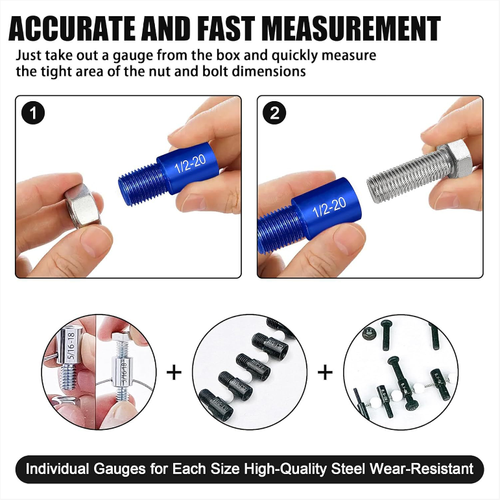 44-piece bolt and nut thread inspection tool set: A precise matching tool, including 21 bolts + 21 nut thread gauges, covering common metric and imperial specifications. It offers efficient and accurate detection. Made of high-hardness material, the box cover is equipped with a specification table, and the compartments have card slots for storage. Say goodbye to thread mismatch, saving time and preventing rework.