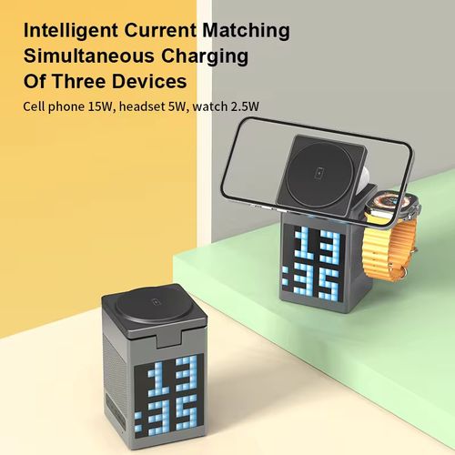 This 6-in-1 magnetic wireless charger integrates magnetic fast charging, pixel animation alarm clock, Bluetooth speaker, and night light functions. It can charge multiple devices simultaneously. It combines multiple functions on the desktop, making it neat and orderly. The pixel screen is full of fun. It is not only a great item for the office desktop but also a practical digital gadget for the bedroom bedside.