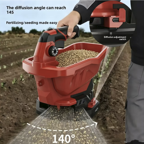 Wireless handheld spreader, compatible with universal lithium batteries, with adjustable output of nine levels. Large capacity hopper combined with centrifugal uniform spreading structure. It can be used for sowing, fertilizing, and spreading snow salt. The anti-slip grip provides a comfortable hold. The body is shock-resistant and easy to clean. It is highly efficient and labor-saving for outdoor management in gardens and vegetable plots.