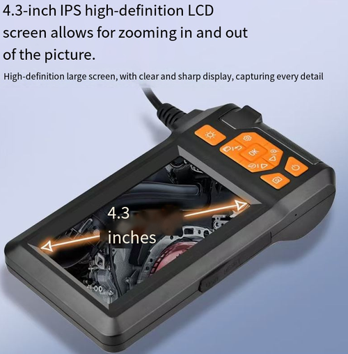 This industrial endoscope is an excellent tool for addressing blind spots: featuring a 4.3-inch 1080P screen and an 8mm mini lens, it can bend and probe narrow gaps. The back support frees up your hands. It is IP67 waterproof and has a 2000mAh battery life. It comes with a magnetic hook and is suitable for various maintenance scenarios. The operation is simple and labor-saving.