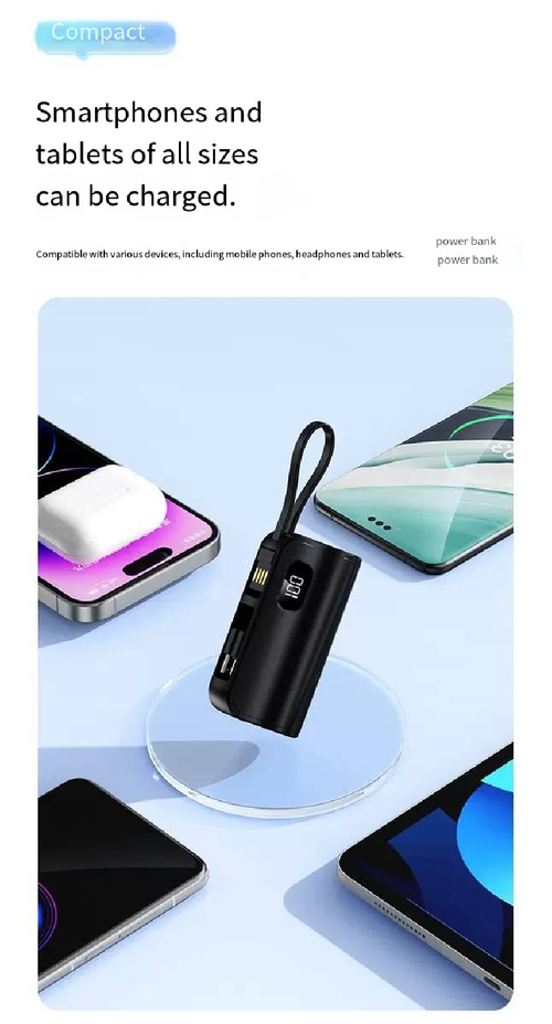 Capsule mini power bank, mini dock plug digital display mobile power bank 3-in-1 KC phone holder 10W dual-head built-in cable dual charging head