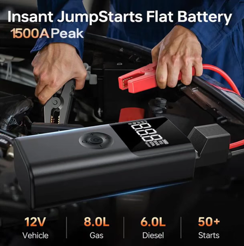 This all-in-one vehicle emergency device integrates functions such as powering up (starting a 12V vehicle), inflating (with 150 PSI and tire pressure monitoring), lighting, tire pressure monitoring, and a 10000mAh power bank. It features military-grade safety design, portability and ease of operation. It is an essential travel companion for car owners to deal with emergencies such as low battery, flat tire and power failure.