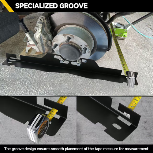 This is a vehicle hub positioning assistance tool. The black metal frame is combined with a tape measure, precisely matching the hub bolts. After installation, the tape measure can quickly measure the hub spacing, assisting in four-wheel alignment and improving the adjustment accuracy. It is an excellent assistant for auto mechanics, ensuring the stability of vehicle driving and the lifespan of tires, and easily solving positioning problems.