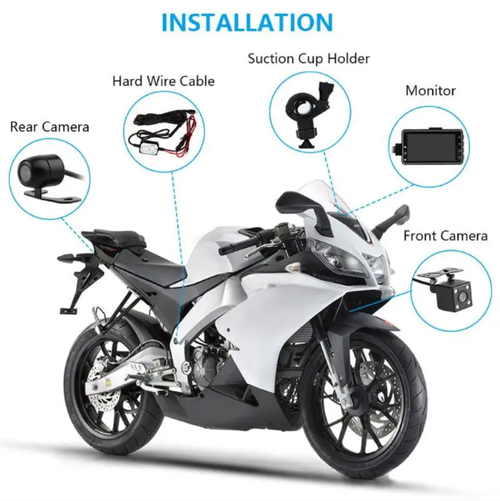 Motorcycle dual-camera recorder, riding safety shield. The front camera has a 140° ultra-wide angle to cover the front road, and the rear camera is waterproof to monitor the rear risks, addressing the problem of blind areas. A 3-inch screen allows real-time viewing of the footage, with loop recording and collision lock to prevent data loss even when wearing gloves. It is compatible with various motorcycles. It can handle accident evidence collection and store all riding images.
