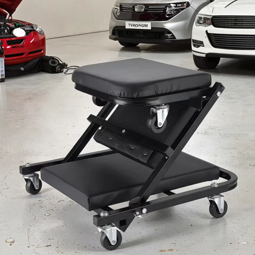 Essential for auto mechanics! A 36-inch foldable car repair bench with thick soft cushioned waist support, capable of supporting up to 330 pounds. It can instantly transform into a small wheel stool, with swivel wheels for smooth movement. It can be folded and stored without taking up much space. It's convenient for both lying and sitting during repairs, and makes it effortless to access the underside of the car without any discomfort.