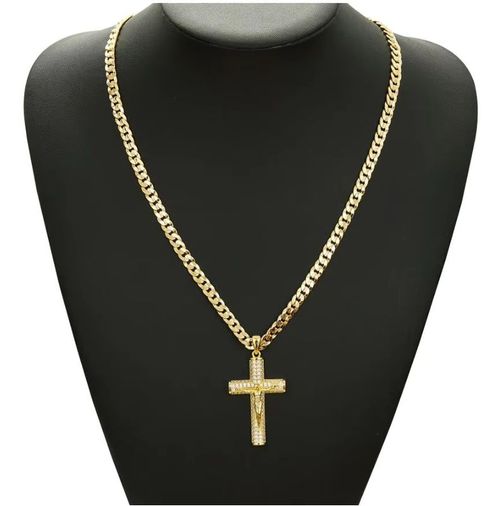 18K Gold Plated Iced Out Crucifix Necklace, Jesus Christ Cross Pendant with Miami Cuban Link Chain, Hip Hop Bling Religious Jewelry for Men in Nigeria