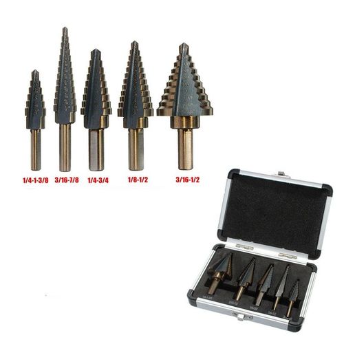 5Pcs Step Drill Bit Set Titanium Coated High Speed Steel Unibit Drill Bits, Multiple Hole Sizes Cone Drill Kit with Aluminum Storage Case for Metal Wood Plastic Drilling Nigeria