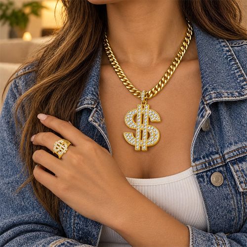 18K Gold Plated Iced Out Dollar Sign Hip Hop Jewelry Set, Men Bling Cuban Link Chain Necklace, Bracelet, Ring & Earrings Complete Bundle for Nigeria