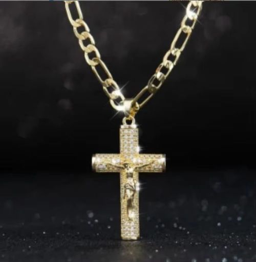 18K Gold Plated Iced Out Crucifix Necklace, Jesus Christ Cross Pendant with Miami Cuban Link Chain, Hip Hop Bling Religious Jewelry for Men in Nigeria