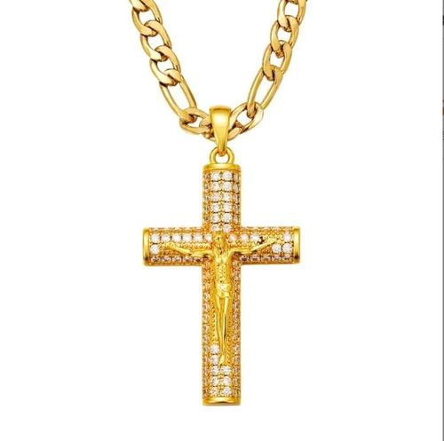 18K Gold Plated Iced Out Crucifix Necklace, Jesus Christ Cross Pendant with Miami Cuban Link Chain, Hip Hop Bling Religious Jewelry for Men in Nigeria