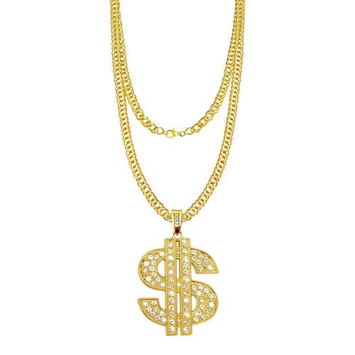 18K Gold Plated Iced Out Dollar Sign Hip Hop Jewelry Set, Men Bling Cuban Link Chain Necklace, Bracelet, Ring & Earrings Complete Bundle for Nigeria