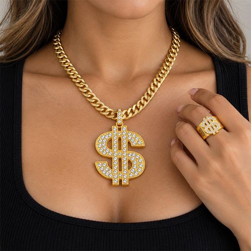 18K Gold Plated Iced Out Dollar Sign Hip Hop Jewelry Set, Men Bling Cuban Link Chain Necklace, Bracelet, Ring & Earrings Complete Bundle for Nigeria