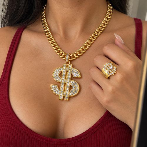 18K Gold Plated Iced Out Dollar Sign Hip Hop Jewelry Set, Men Bling Cuban Link Chain Necklace, Bracelet, Ring & Earrings Complete Bundle for Nigeria