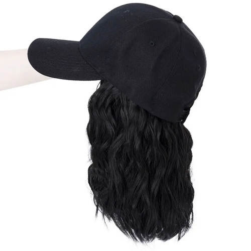 Black Baseball Cap with Wavy Hair Attached | Natural Looking Synthetic Wig Hat for Women