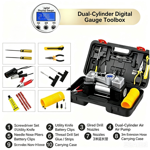 12V Heavy Duty Dual Cylinder Car Tyre Inflator, Mechanical Gauge Air Compressor Pump with LED Light, Complete Tire Repair Tool Kit in Storage Case for Nigeria Cars & SUV