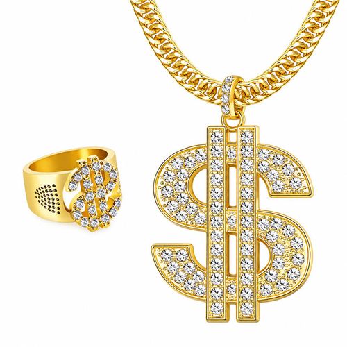 18K Gold Plated Iced Out Dollar Sign Hip Hop Jewelry Set, Men Bling Cuban Link Chain Necklace, Bracelet, Ring & Earrings Complete Bundle for Nigeria