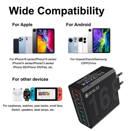 8-Port Fast Wall Charger 4USB-A +4PD QC3.0 Multi Port Charging Adapter, 8 Devices Simultaneous Charging, EU Plug Travel Power Adapter for iPhone Samsung Android Phone Tablet Nigeria
